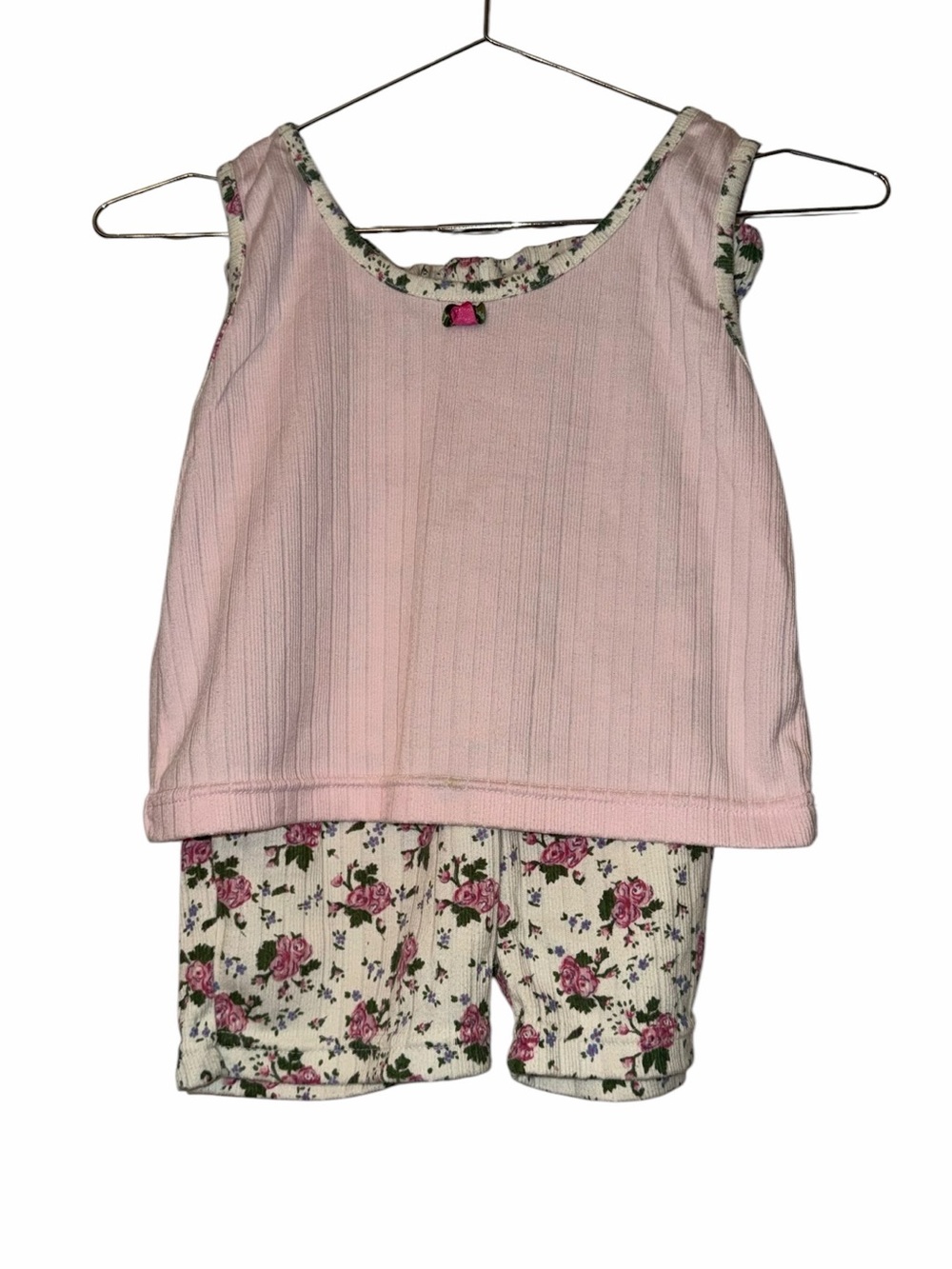 VTG Kids Today Girls Pink White Ribbed Floral 2 Pc short Outfit M 10/12 90s Y2K